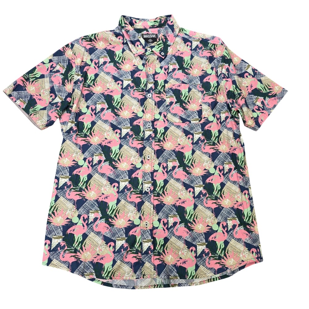 Massive Flamingo Tropical Print Shirt Men's Size Large Pink Blue Button Down